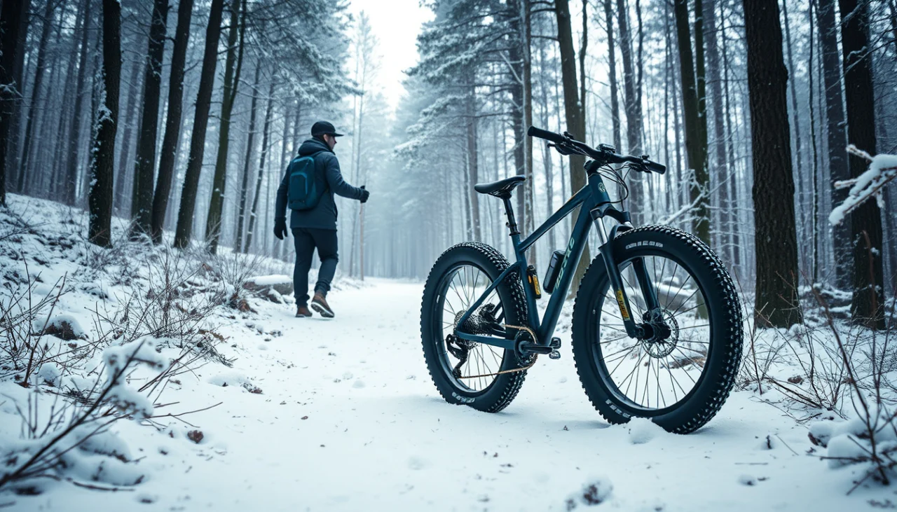 Leveärenkainen sähköfatbike lumisella metsäpolulla talviaurinkoisessa valossa, kuljettaja pyörän vierellä