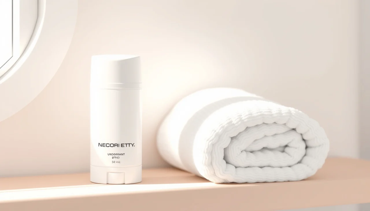 Kaksi merkintätöntä kainalotuotetta kylpyhuoneen hyllyllä: stick-deodorantti ja suihkepullo antiperspirantti sivuttaisvertailussa