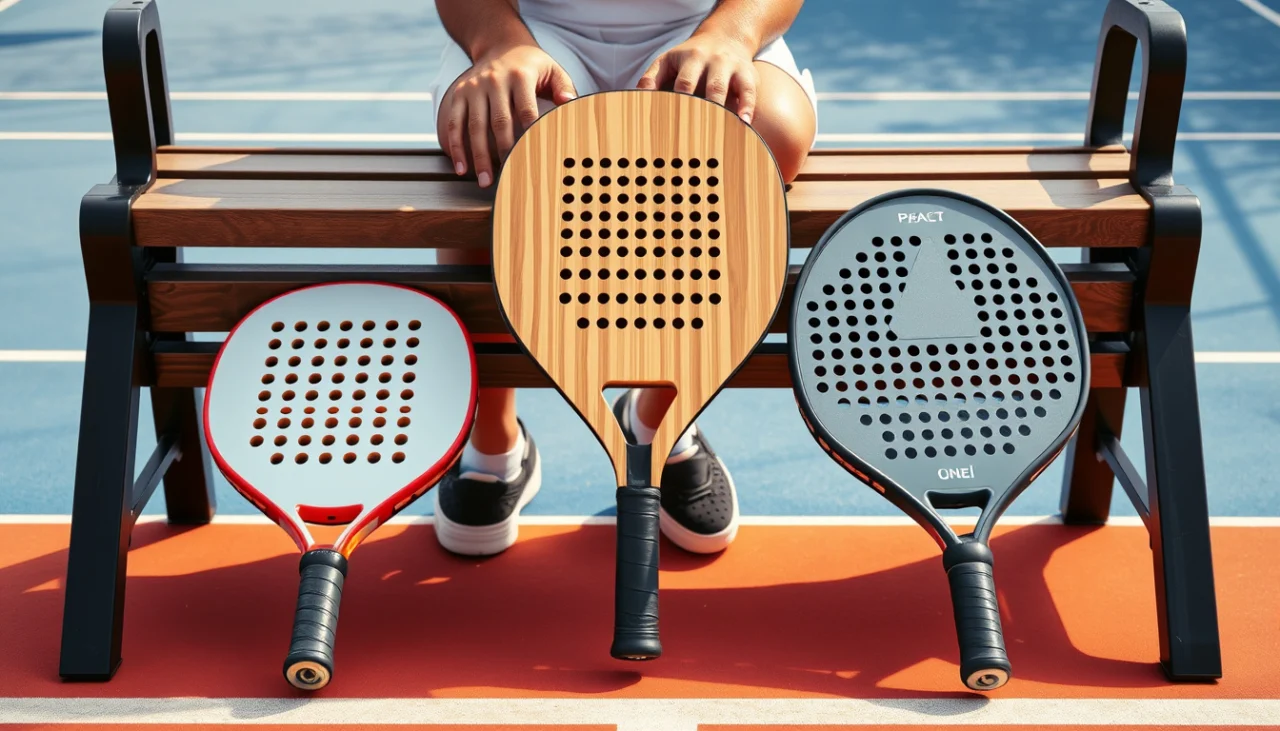 Kolme erimuotoista padelmailaa penkillä padel-kentän laidalla, kun pelaaja valitsee sopivaa mailaa