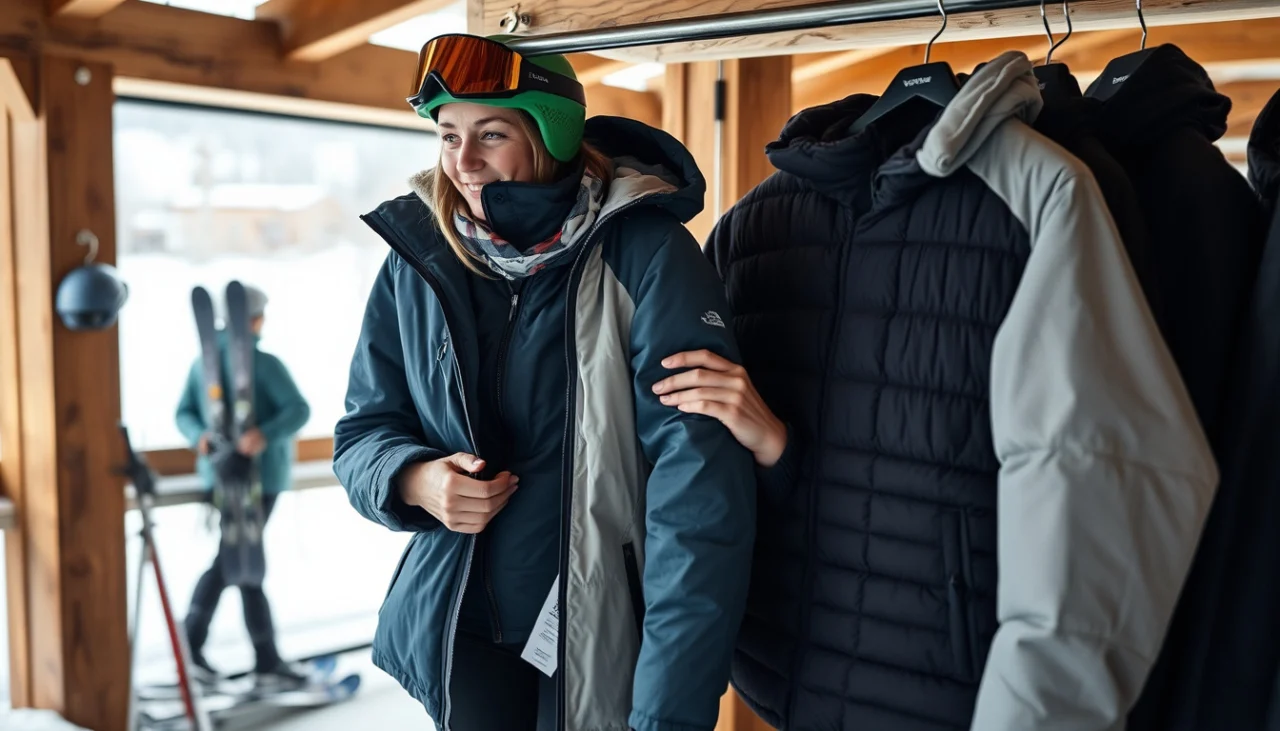 Nainen vertaa kahta laskettelutakkia laskukeskuksessa: ohutta kuoritakkia ja topattua toppatakkia