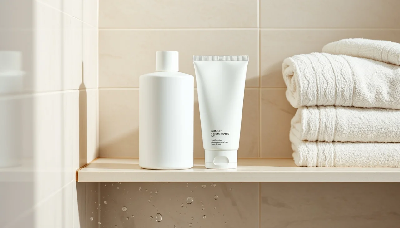 Kaksi tunnistamatonta pulloa suihkehyllyllä: shampoo ja hoitoaine pesuvaiheen valmiina